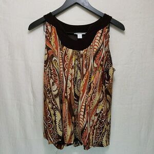Dressbarn Women's L Sleeveless Blouse Brown Orange Paisley Floral Pleated Neck